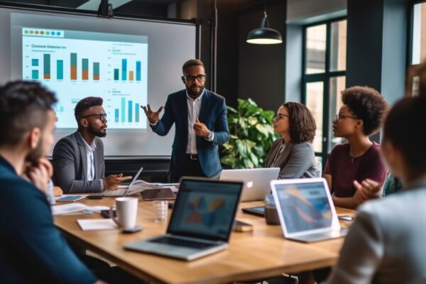 focused team leader presenting marketing plan interested multiracial coworkers