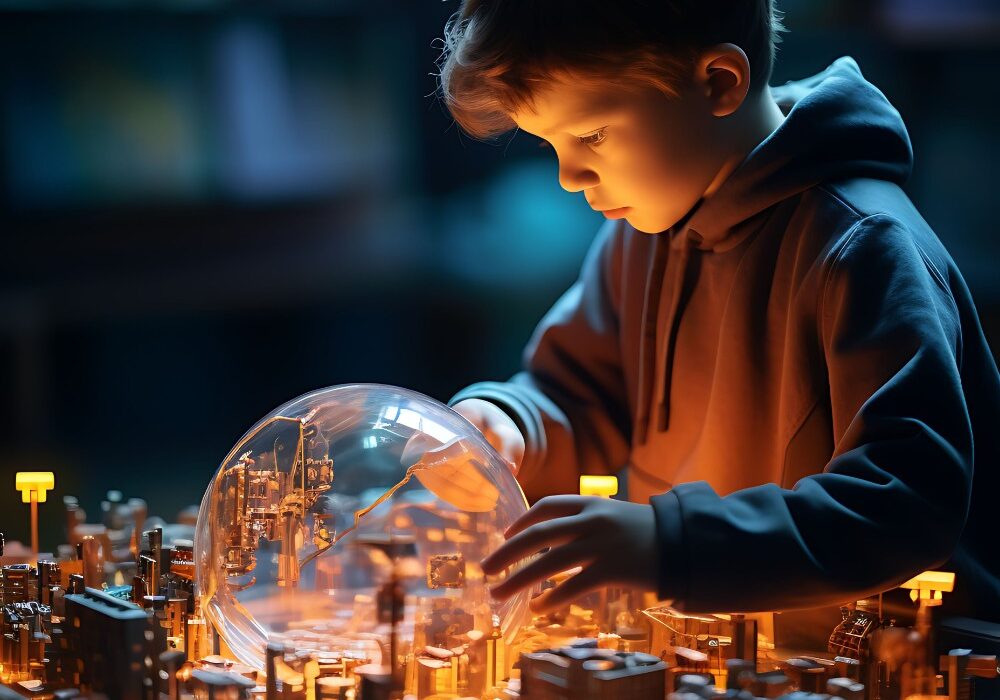 photoshoot with tilt shift style kid learning coding through