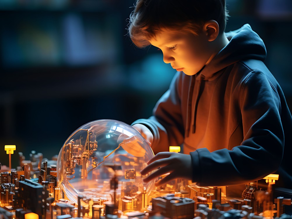 photoshoot with tilt shift style kid learning coding through