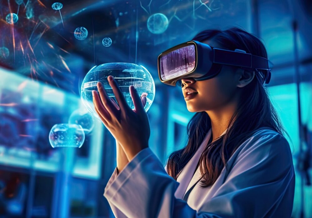 scientist female wearing vr headset interacting with virtual reality science lab interacting with virtual reality science chemistry technology generative ai