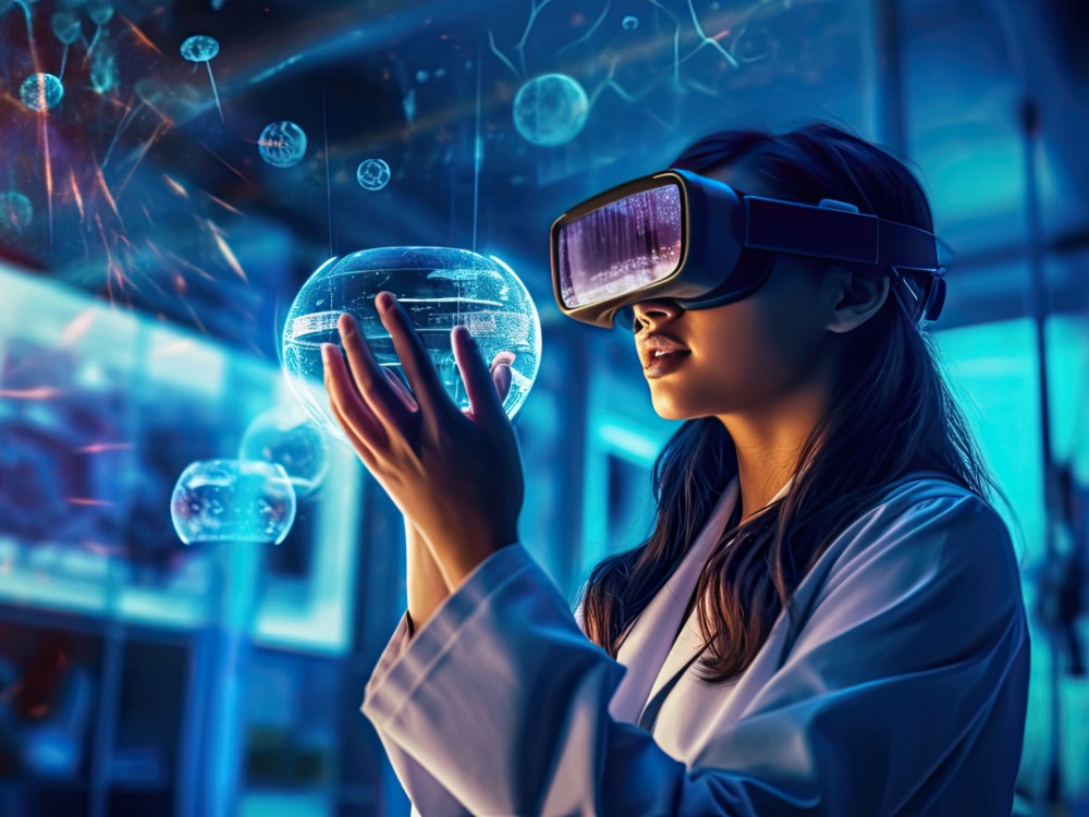 scientist female wearing vr headset interacting with virtual reality science lab interacting with virtual reality science chemistry technology generative ai
